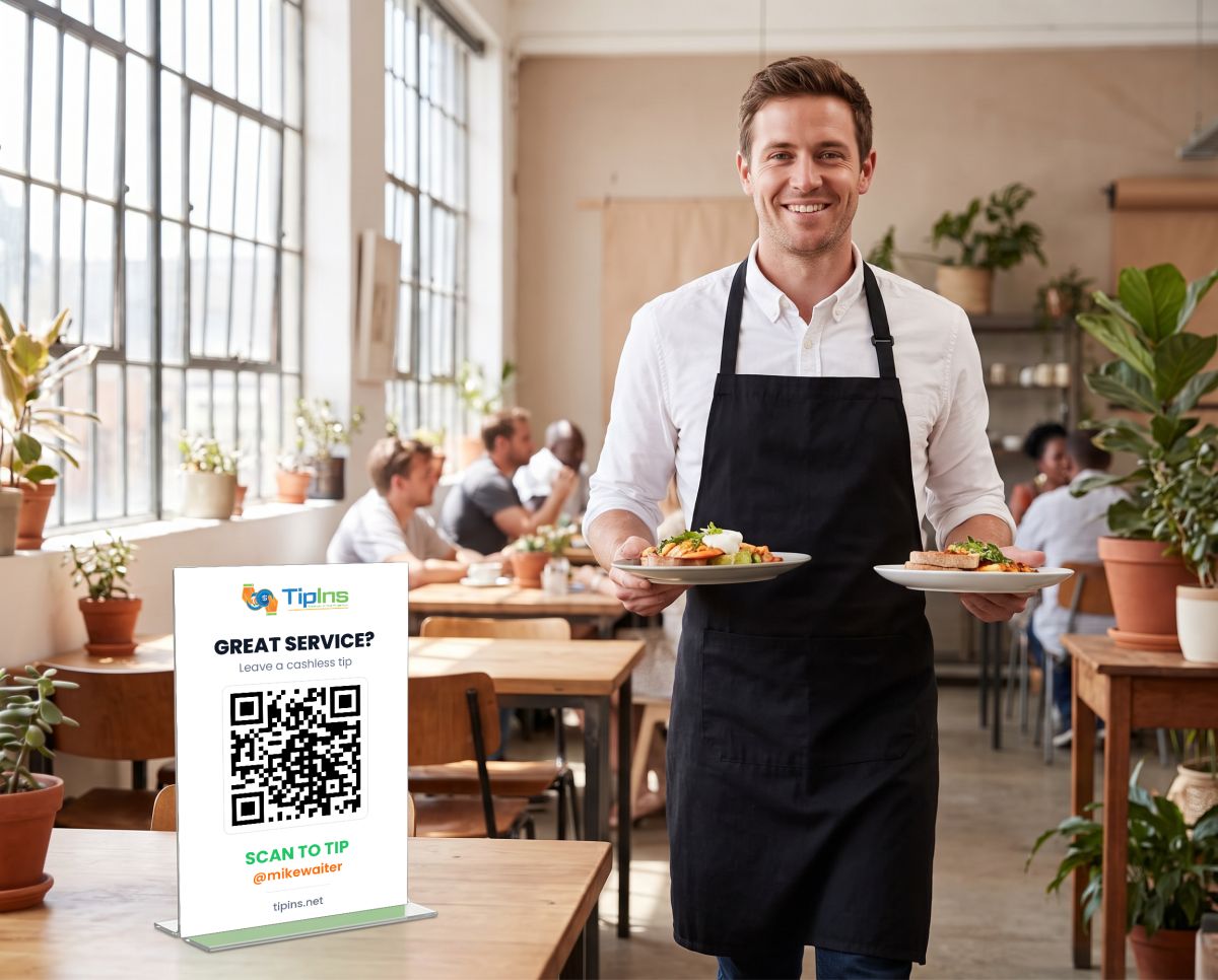A waiter carrying plates in a restaurant