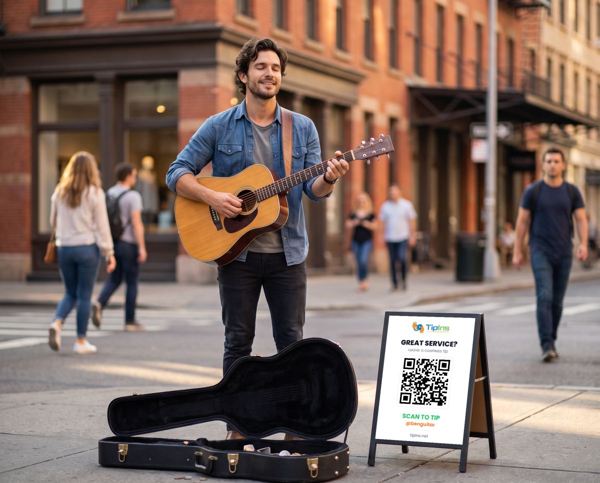 A street musician playing guitar beside a TipIns QR sign