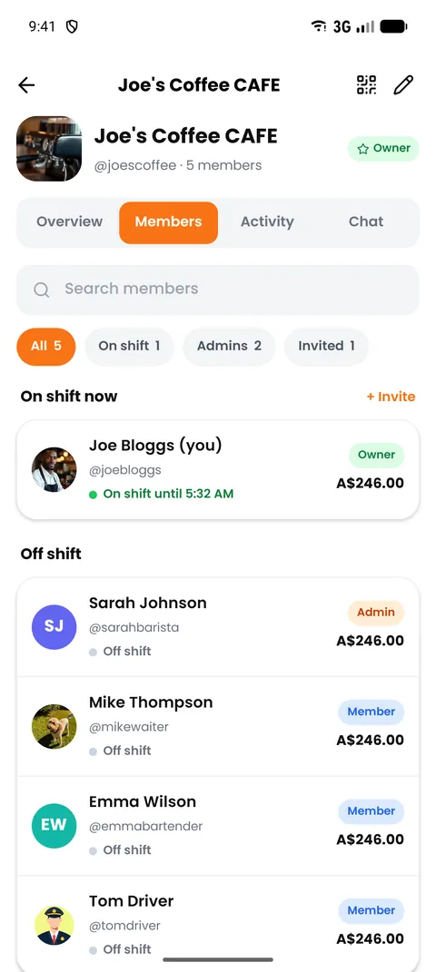 TipIns group members screen listing each member and their share