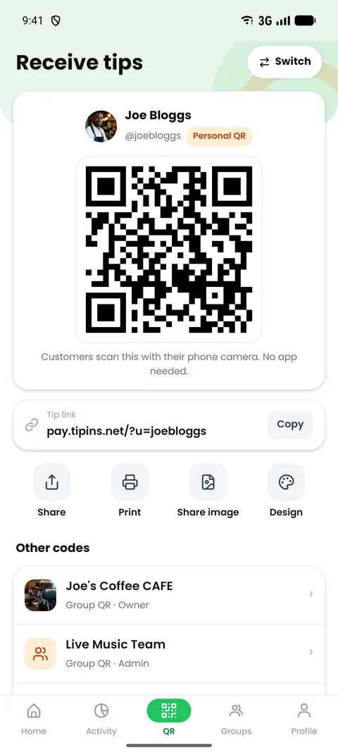 The TipIns app showing a busker's personal QR code