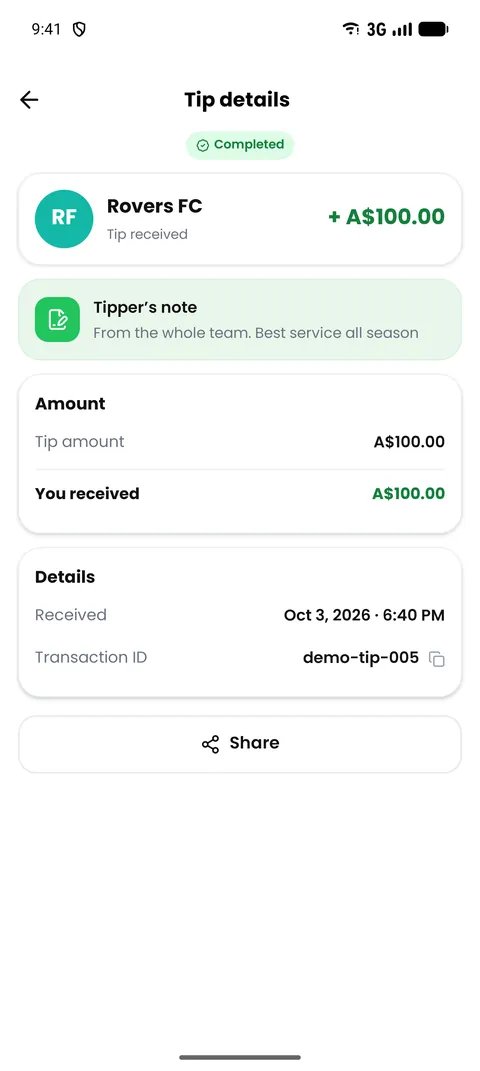 TipIns tip details screen showing the amount received and the customer's note