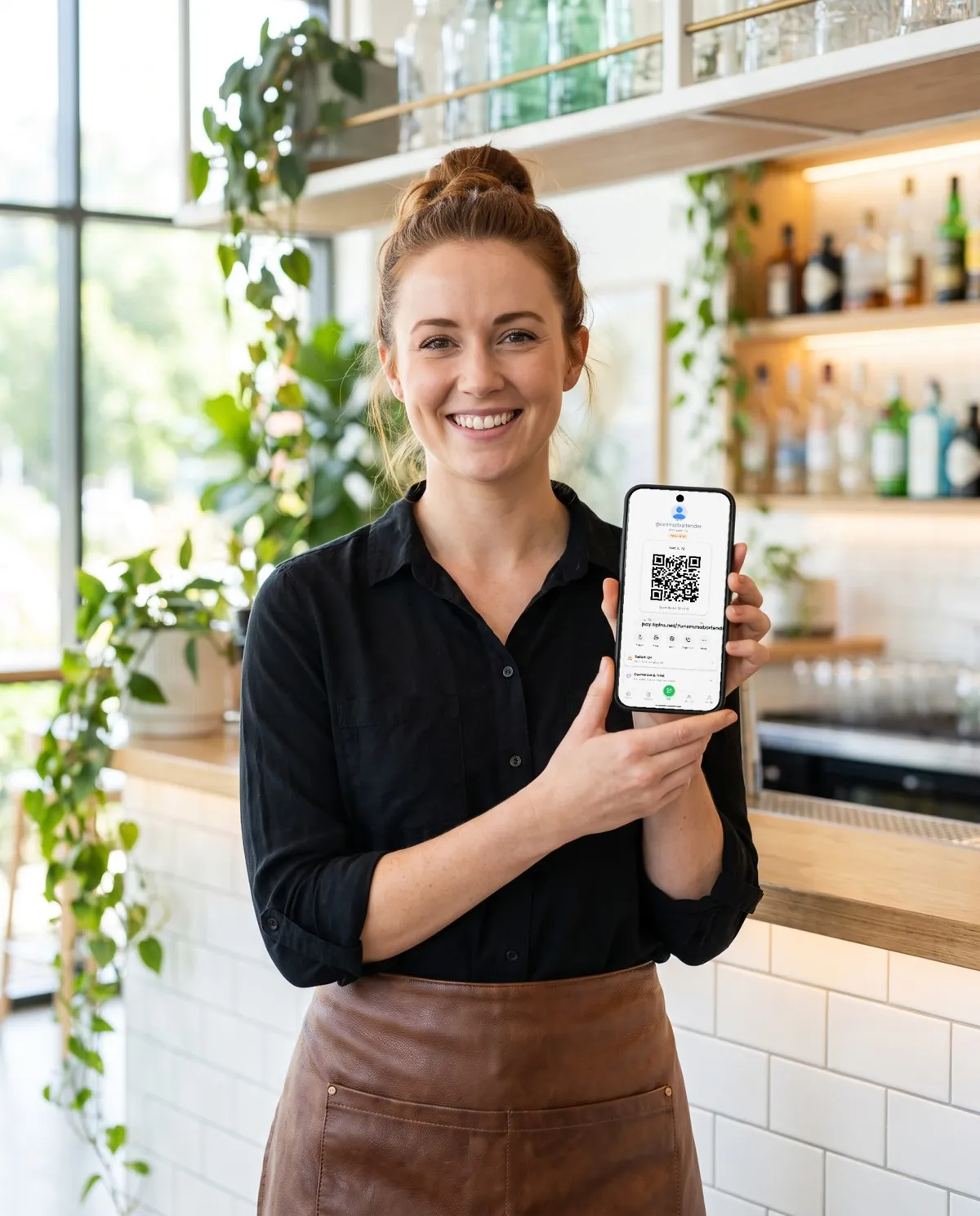 A bartender holding a phone that shows her QR code for tips