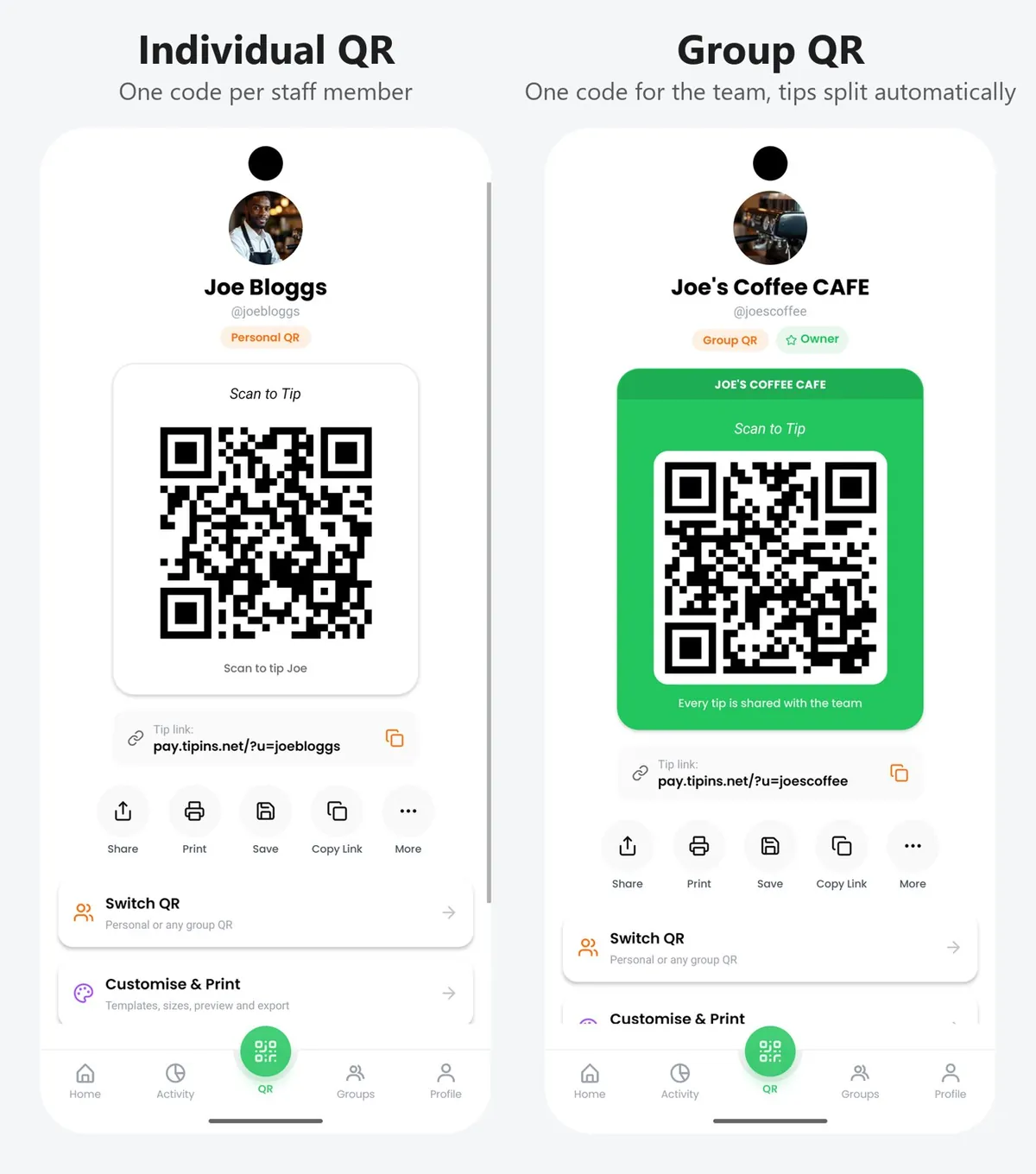 Two TipIns screens side by side comparing an individual QR code with a group QR code
