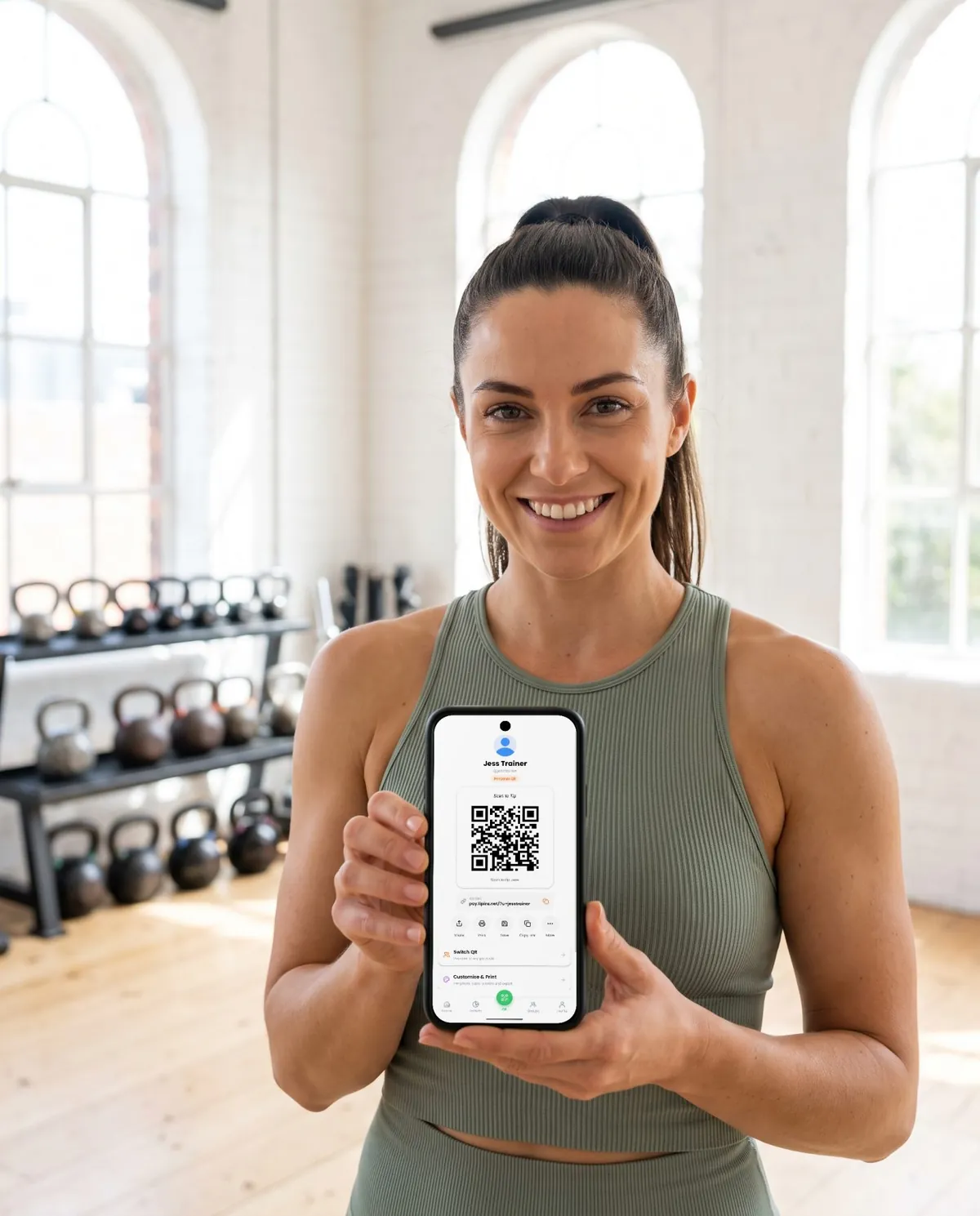 A fitness professional holding a phone that shows her QR code for tips