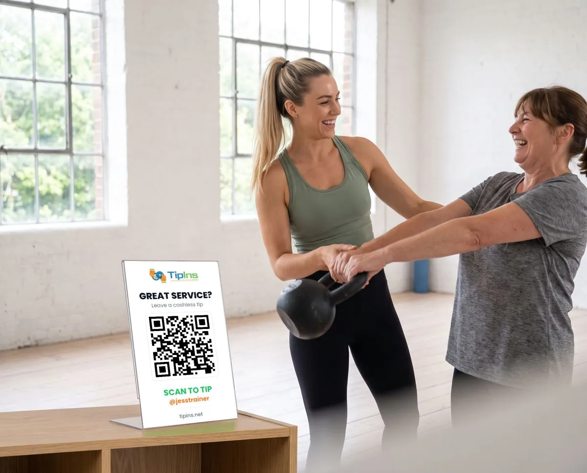 A trainer working with a client beside a QR code tip sign