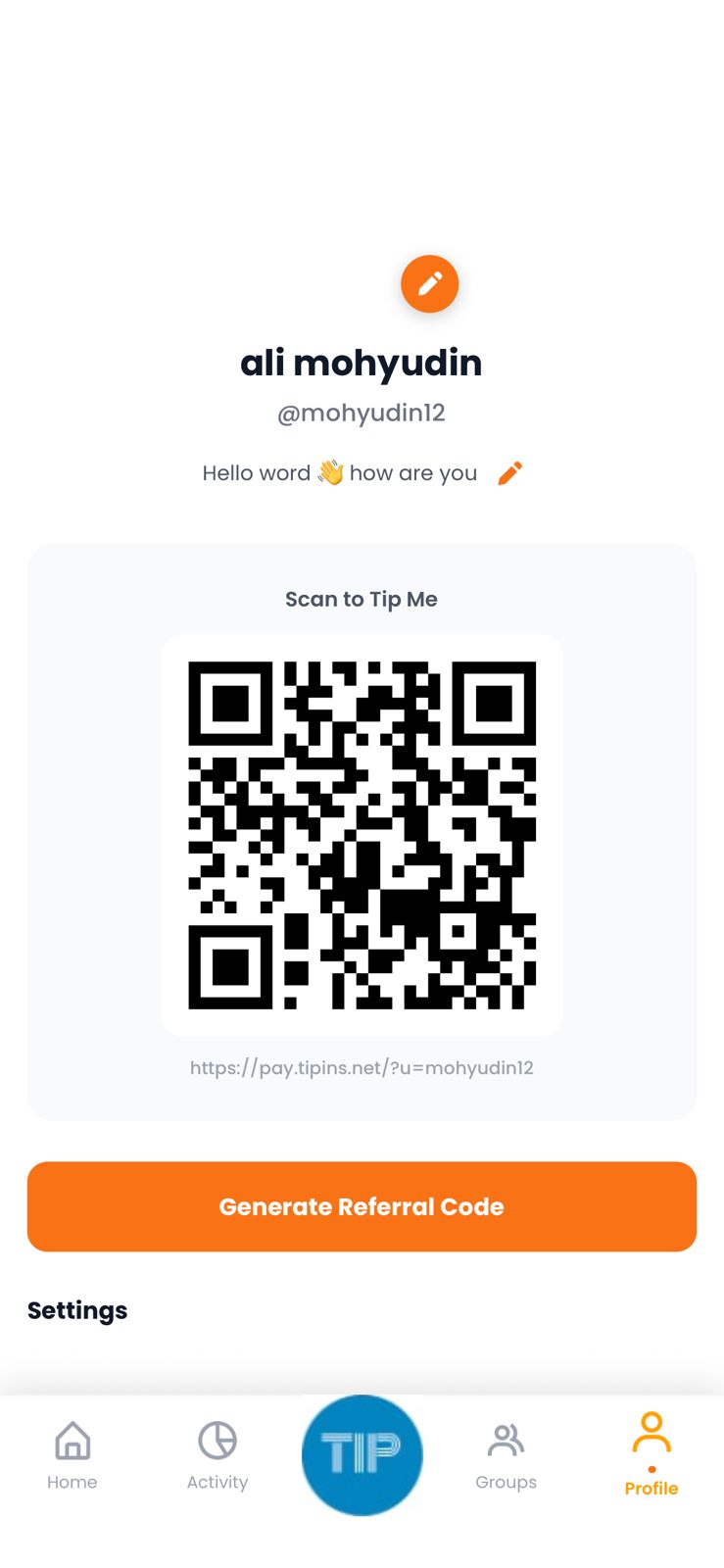 Tipins QR code screen