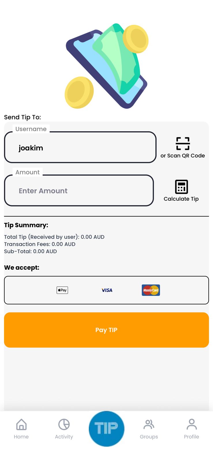 Tipins send tip screen